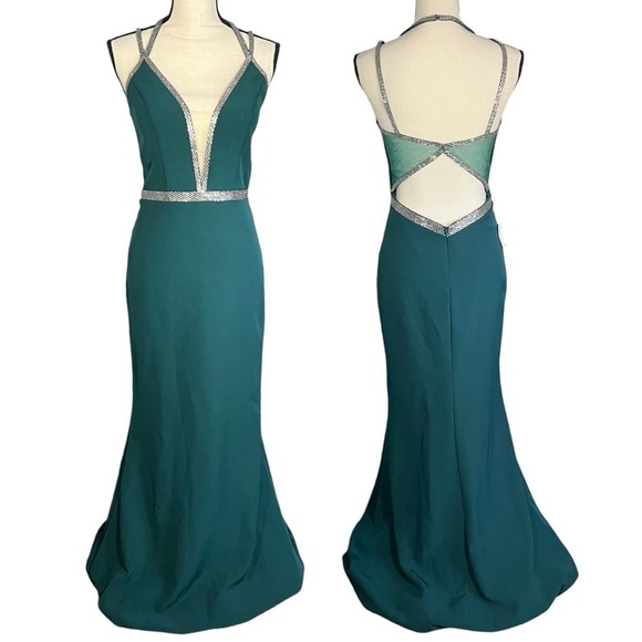 NWT Glow Emerald Green and Silver Bead Illusion Mermaid Gown sz 6 - Picture 15 of 16